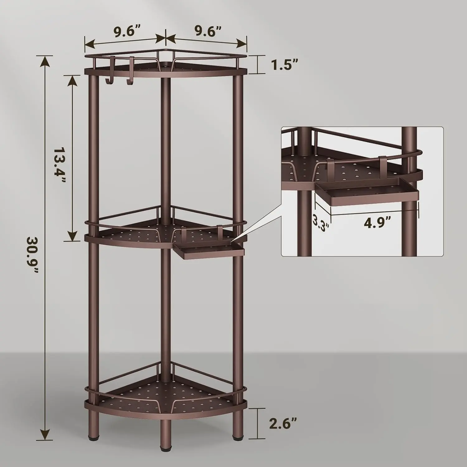 Corner Shower Caddy Standing, 3 Tier Rustproof Metal Shower Organizer with Soap Holder, Floor Shower Corner Shelf Rack Storage Stands with Adjustable Feet & 2 Hooks for Bathroom, Bronze