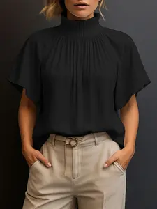 ZANZEA Women's Basic Plain High Neck Batwing-Sleeve Blouse & Coordinating Bottoms Piece, Casual Loose-Fit Daily Commute Set, Comfortable Women's Tops with Short-Sleeve Option, Blouses & Shirts for Everyday Wear, Womenswear