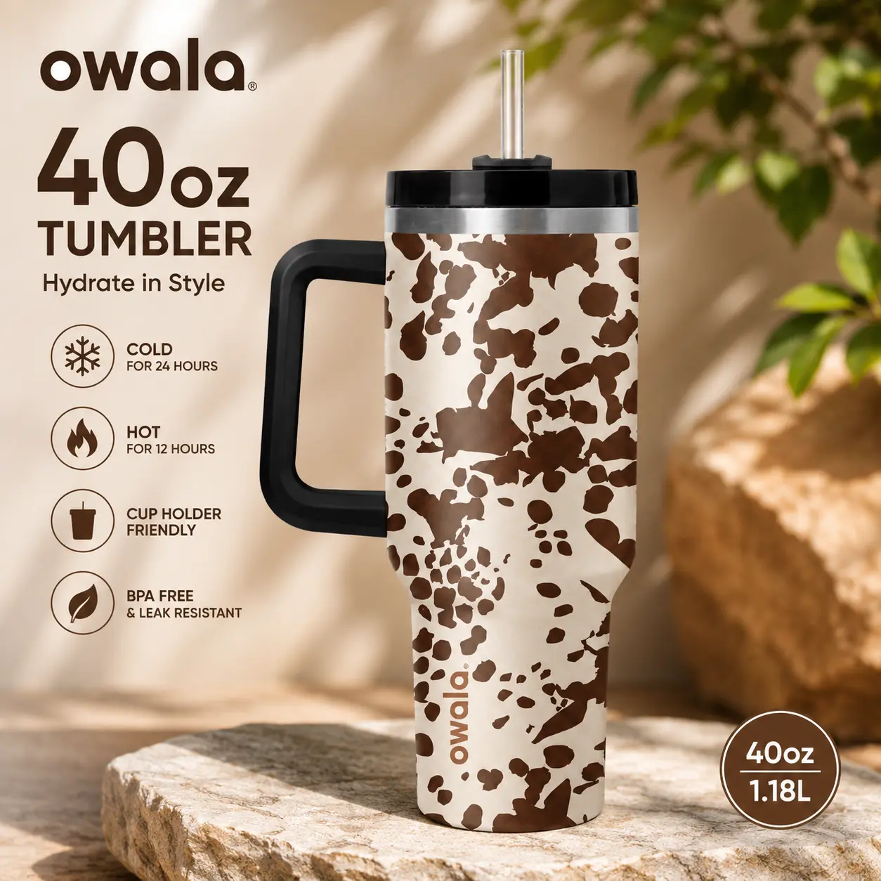 Neutral Cow Print 40oz Travel Cup Double Wall Stainless Steel Tumbler with Handle, Gift for Cowgirl, Gift For Her, Gift For Him