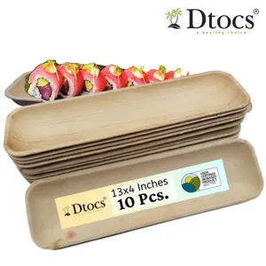 Dtocs 10-Piece Palm Leaf Tray 13x4 Inches for BBQ & Sushi Platter Versatile Design Eco-Friendly Disposable Serving Plate Set
