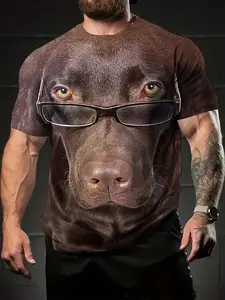 Men's 3D printed dog face pattern T-shirt with glasses - casual short-sleeved round neck summer T-shirt, breathable and machine washable, suitable for daily going out, outdoor activities, fun design, rich details, Casual Stylish Tee