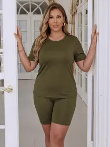 Plus Size 2 Piece Set, Solid Short Sleeve Crew Neck Top & Biker Shorts, Casual Matching Set, Multiple Colors Available, Womenswear