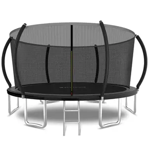 14FT Steel Frame Outdoor Trampoline Set - 6 Support Legs, 6 Net Poles, Waterproof UV-Resistant Foam, Reinforced Thickened Mat, Heavy-Duty Thick Springs, ASTM Certified, High-Bounce Family Outdoor Use Trampoline, Reinforced Thickened Trampoline