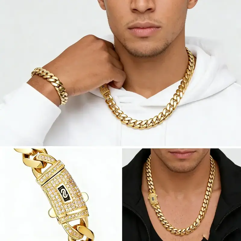 Brilla Contio 14K Gold-Plated Cuban Link Chain & Bracelet Set - New Anti-Tarnish PVD Technology, 316L Stainless Steel Base, Hypoallergenic & Water-Resistant Hip Hop Jewelry (6mm-14mm Sizes), Timeless Shine Gift for Men