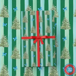 Blue Spruce and Bow Wrapping Paper Sheets | Watercolor Tree Wrapping Paper | Green Stripe Wrapping Paper | Fir Tree Wrapping Paper