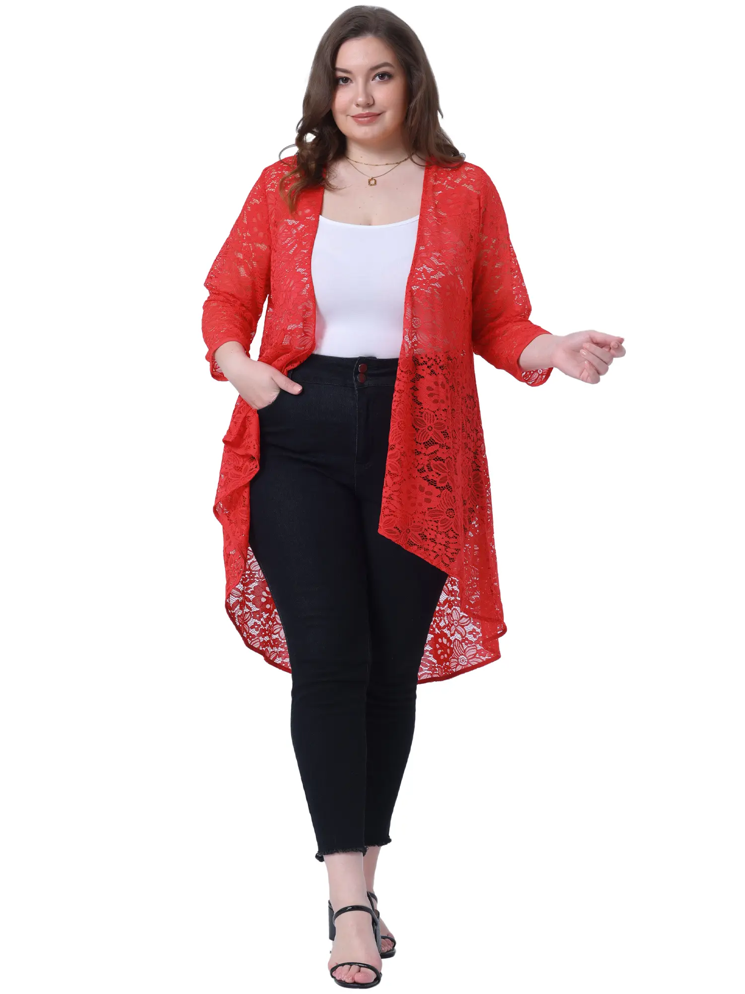 Agnes Orinda Plus Size Cardigans 3/4 Sleeve Open Front Lace Crochet Loose Casual Cover Up