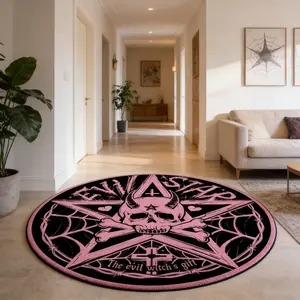 Dark, Cool Skeleton, Pentagram, Round Carpet, Black Powder, Contrast Color, Versatile, Plush Floor Mat, Living Room, Anti slip Wear resistant Foot Mat, Esports Room, Personalized Decorative Pad, Suitable for Ins Style/Subcultural Home Decoration