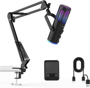 【P PUPGSIS】 Gaming Microphone USB Condenser Mic for PC PS4/5 Mac Noise Cancellation Computer Mic with Mute Reverb Monitoring Adjustable Boom Arm Pop Filter for Streaming Podcasting Recording YouTube