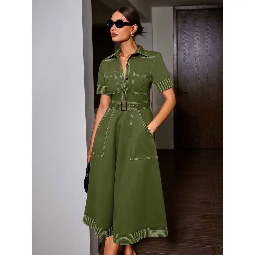Women's Casual Vintage Inspired Short Sleeve Dress, Collared Colorblock Front Button Pockets Design, Fitted Waist, Lightweight Breathable Non-Stretch Fabric, Easy Care. Please Refer To Size Chart When Purchasing. Elegant Summer