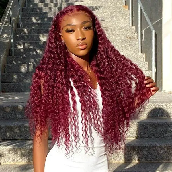 VRbest Women's Deep Wavy Wigs - 180% Density 99J Burgundy/Natural Black 13x6 HD Transparent Lace Front Humanhair Wig, Pre-Plucked 100% Human Virgin Hair Brazilian Hair, 16-36 Inch, 22.5 Medium Cap Size