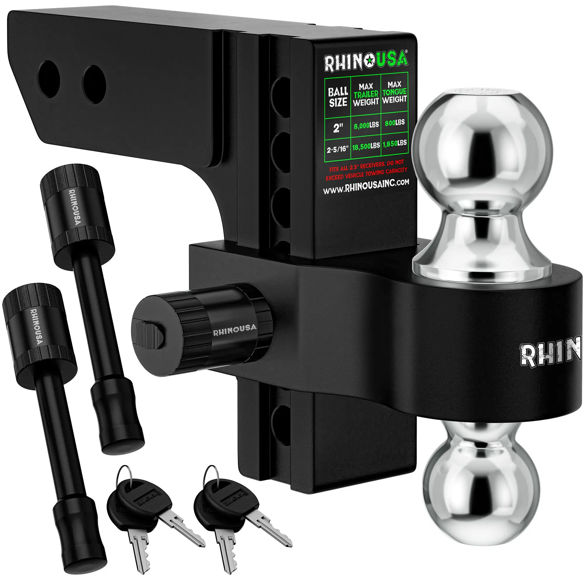 Rhino USA Adjustable Trailer Hitch 2 inch Receiver - Heavy Duty Aluminum Drop Hitch with 12,500lb GTW Towing Capacity for Hauling Heavy Trucks, RV, Tr