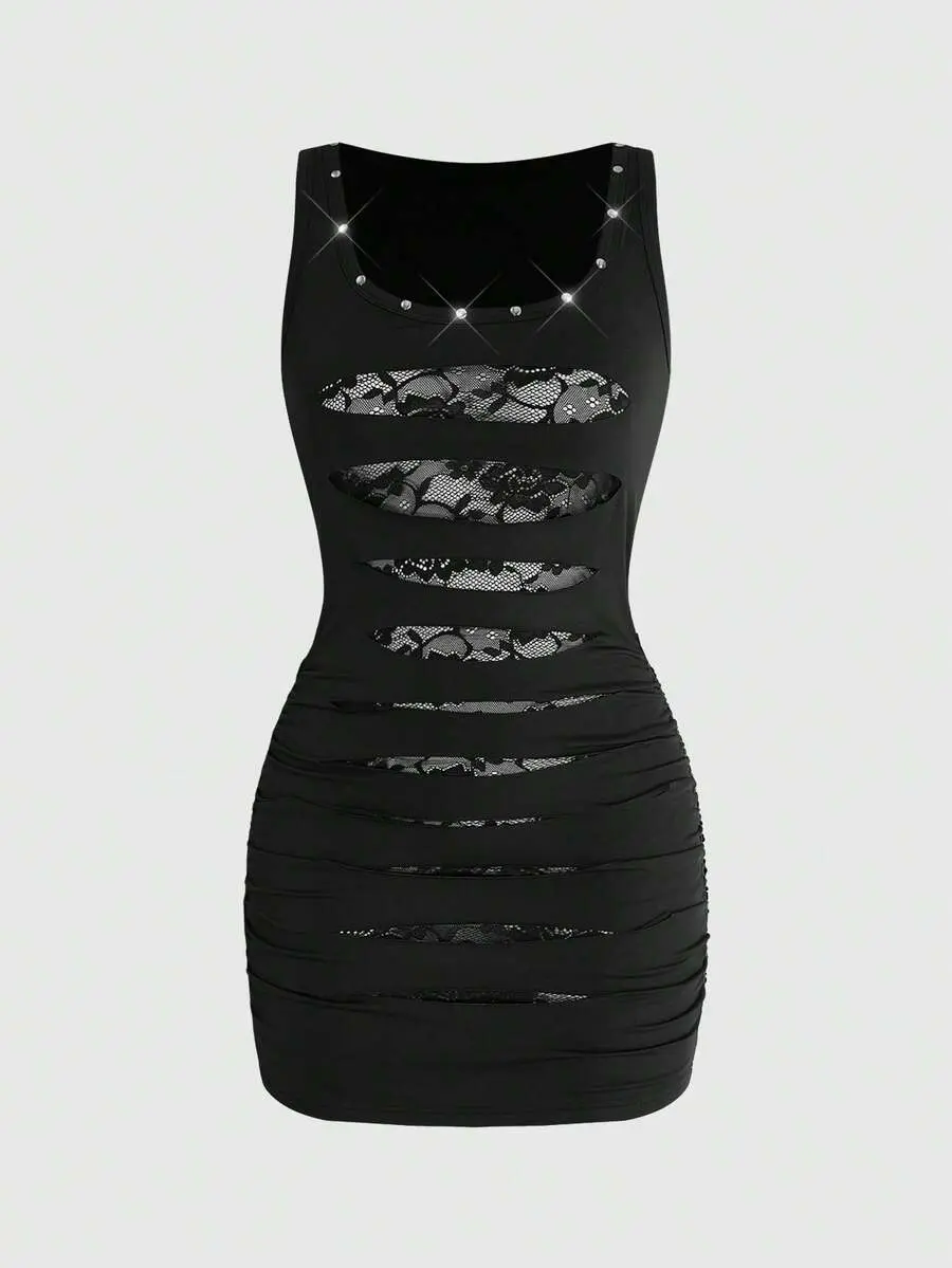 SHANIAH Grunge Punk Spring Summer Sexy Hot Girl Women's Ripped Hollow Out Contrast Lace Sleeveless Punk Black Studded Dress