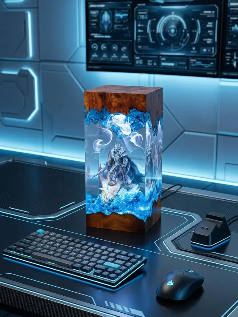 Frozen Warrior Resin Wood Lamp, Blue Fantasy LED Night Light, Armored Knight Desk Decor, Handmade Gaming Room Table Light, Unique Fantasy Gift