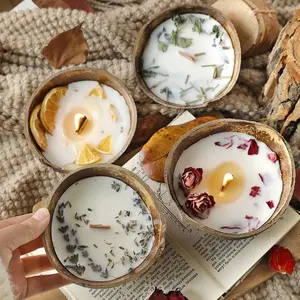 Natural Coconut Bowl Scented Candle, Dried Rose, Lavender, Lemon Slices, Cozy Bedroom & Party Decor, Romantic Home Decor, Thoughtful Gift