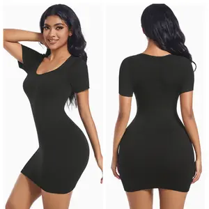 Women's 2-Pack Ribbed Nylon Spandex Square Neck Short Sleeve Slim Fit Bodycon Mini Dress - Casual All Season Sportswear, Sporty Chic Athletic Dress for Outdoor Sport & Everyday Activities, Sporty Chic Dress outdoorfun