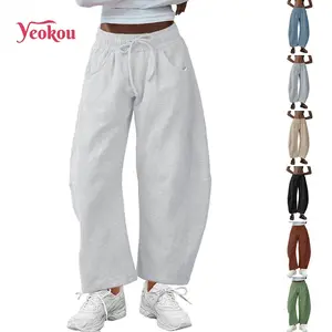 Yeokou Women's Barrel Leg Sweatpant Drawstring Elastic Waisted Wide Leg Pants Casual Cotton Palazzo Trousers with Pockets