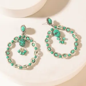Myra Frosted Jewel Western Earrings - Bold, Oversized Hoop, Dangling Beads, Turquoise Stones, Cowgirl Flair, Sierra Vein Blue Costume Jewelry