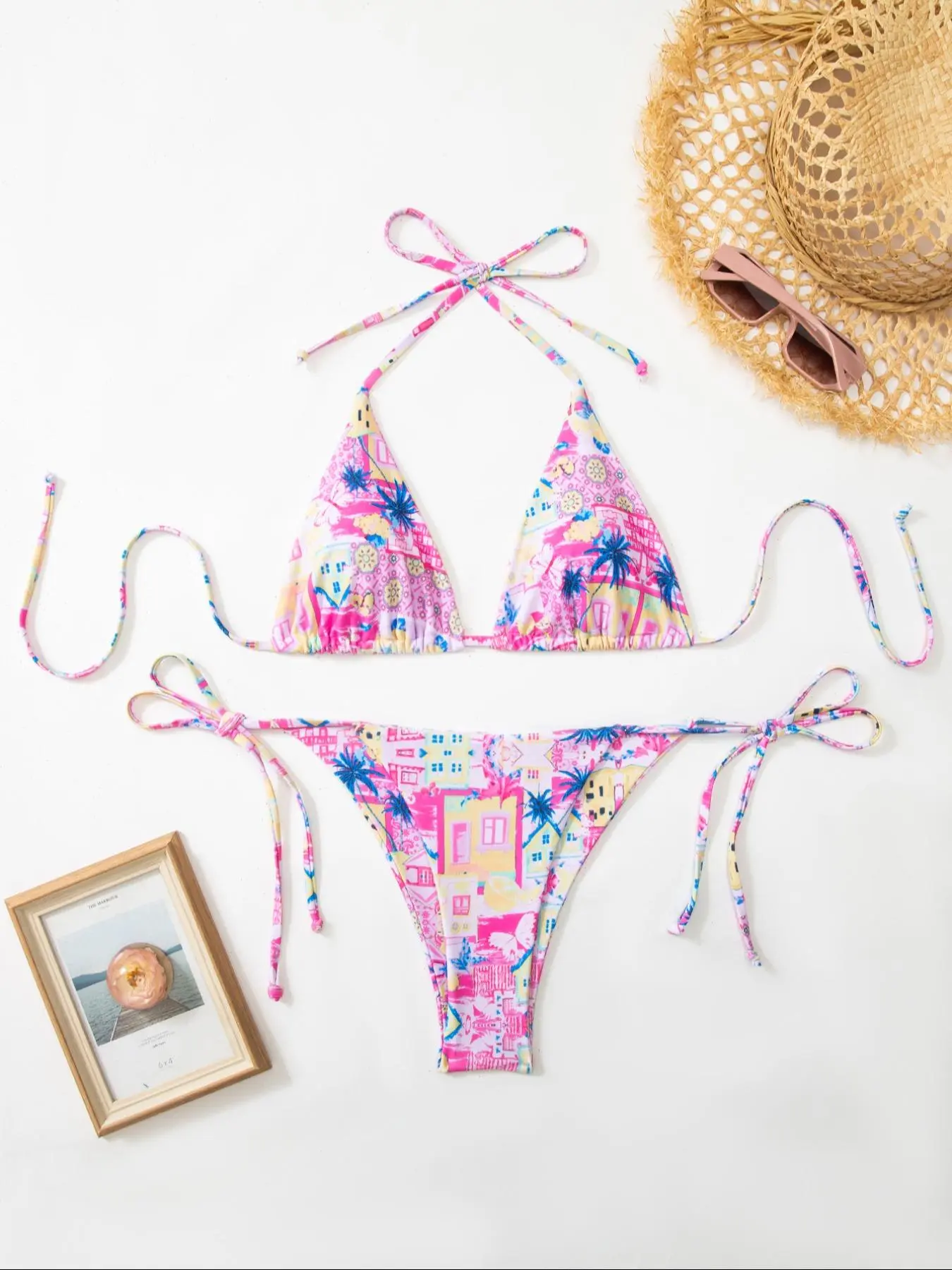 Women's All-Over Print Bikini Set, Casual Fashion Chic Swimsuit for Beach Holiday Vacation, Ladies Swimwear for All Seasons, Bikini Beachwear