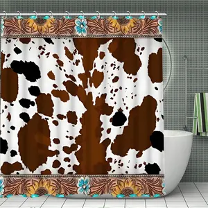 JIT 1/3/4 pcs Bathroom Set - Western Style Cow Pattern Background Pattern Bathroom Decoration Set - Bathtub Cover, Bath Mat, Shower Curtain, 12 Hooks, Suitable for Bathroom Home Decoration