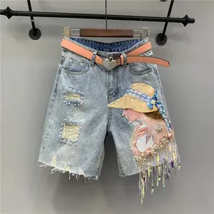 BeadedDenimShorts-PearlTassels&DiamondDecorLooseWideLegFit,DistressedSummerStreetwearForWomenBlueEleganceTrouserRippedDrawstringWaistPants