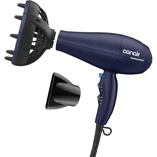 Conair Hair Dryer with Multi-Chamber Hair Diffuser Attachment, Dark Blue | 1875W blow dryer for curly, coily, and wavy hair, ionic and ceramic technology help reduce frizz and protect curls