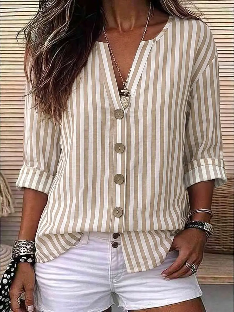 NOVANI Women's Striped Woven Blouse, Casual Summer Office Top, Short Sleeve Shirt for Daily Wear and Work Style