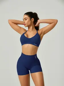 Women's Seamless Sports Bra & High-Waisted Yoga Shorts Set, Cross-Back Lace-Up Design, Breathable Running Gym Wear, Gym Workout Wear, Gym Yoga Outfit, Plain Style, Sports Fitness Wear