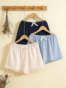 Women's 3 Pack Sleep Shorts, Spring & Summer Wearable, Plaid Print with Bow Decor, Minimalist Advanced Style, Outdoor Wearable Casual Loungewear