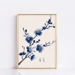Blue Japanese Floral Art Print, Vintage Japanese Decor, Abstract Art, Graphical Asian Gift, Japanese art print, Japanese VIntage Wall Art