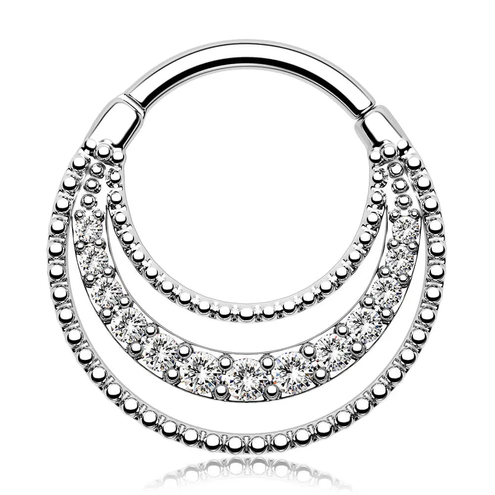 OUFER Palace Style Triple-Layer CZ Septum Ring, 16G 9mm 316L Stainless Steel Hinged Hoop for Nose Piercing, Comfortable Fit with Bling Effect
