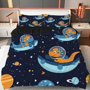3PCS Duvet Cover Set, 1 Duvet+2 Pillowcases(Without filler), Dinosaur Space Adventure theme, No Festival bedding set, outer space print Suitable for decoration bedroom living room guest room dormitory.