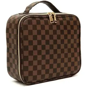 Checkered Makeup Bag - Spacious Travel Cosmetic Organizer with Adjustable Compartments | Waterproof PU Leather Toiletry Bag for Women | Stylish Gift for Christmas, Birthdays, Valentine's Day