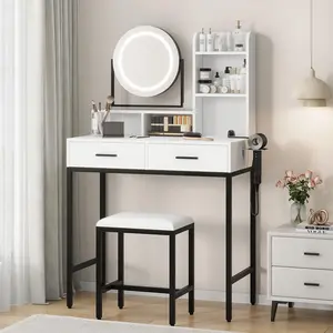 Desk with Adjustable Mirror & Rotating Design, 3-Color Light, Power Outlet, 2 Drawers, Storage Shelves & Stool - White & BLack, girl vanity