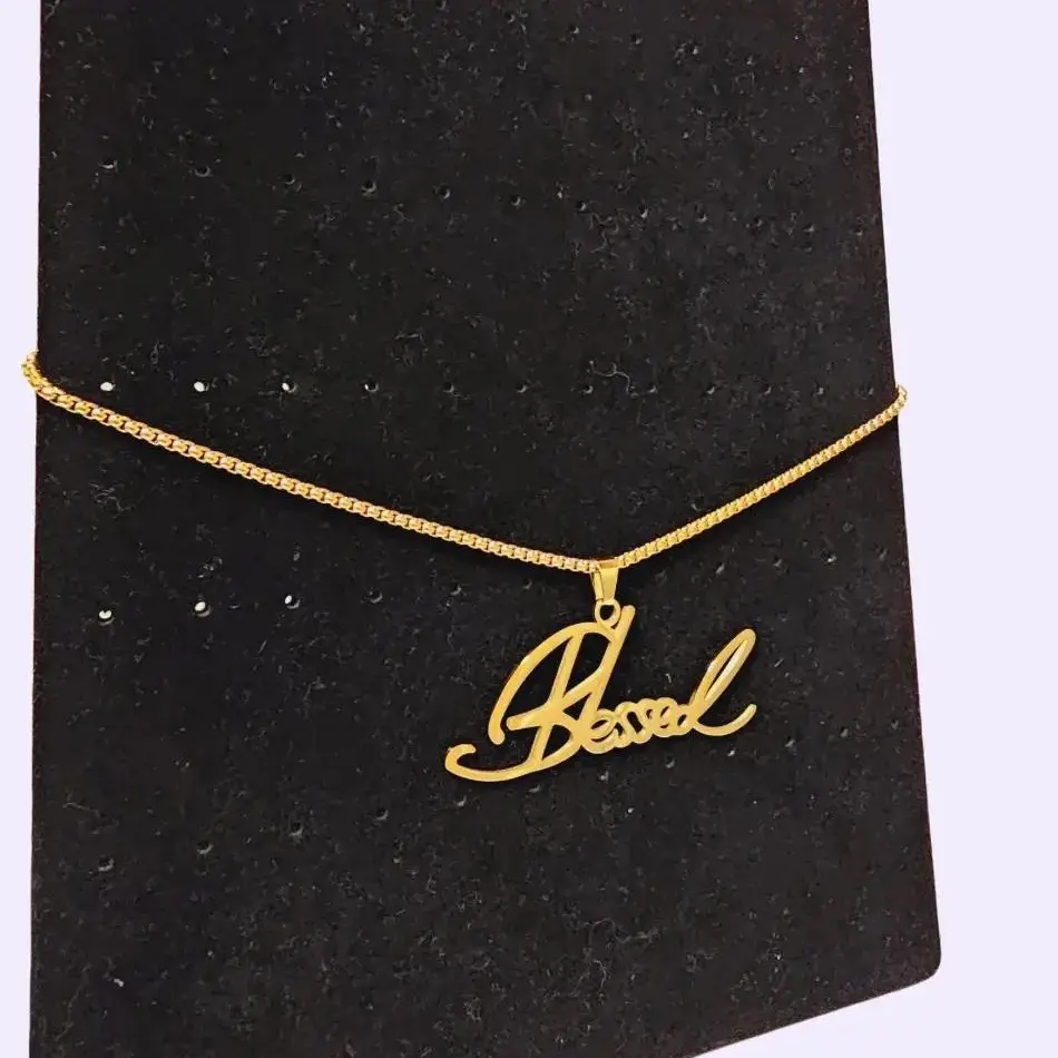 BLESSED Necklace - Gold Plated BOLD Letters 18 inch Stainless Steel Non-Tarnish Jewelry with 2 inch Extended Length for Layering