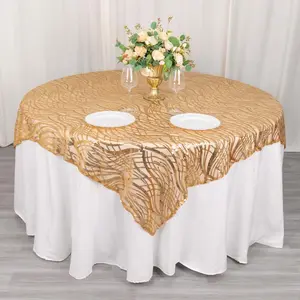 Sequin Mesh Table Overlay 72"x72" Gold Wave Embroidered Design - Stunning Table Topper for Glamorous Occasions