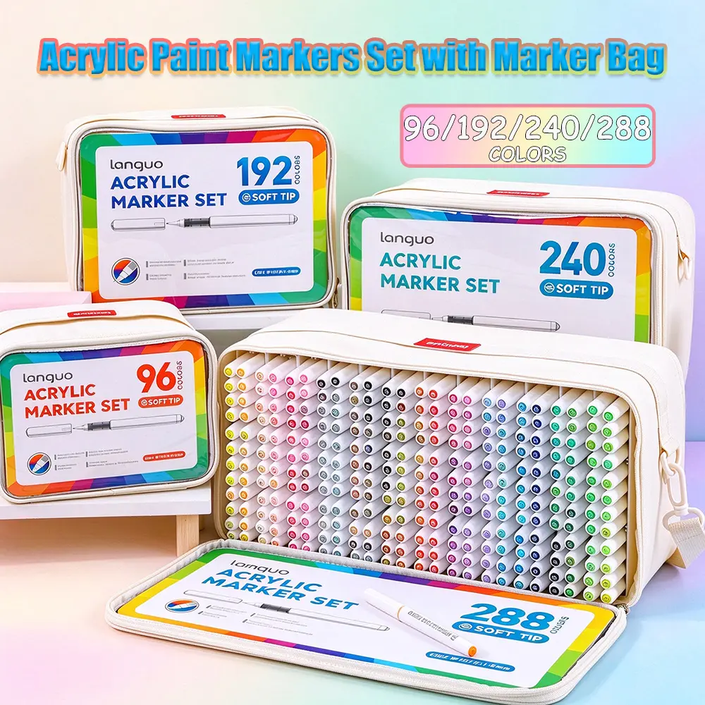Languo Direct Liquid Acrylic Paint Markers Set with Soft Tip, 96/192/240/288 Assorted Colors, Portable Marker Storage Bag, DIY Craft & Drawing Tools, Office Stationery Accessories, Premium Christmas Gift for Art Enthusiasts