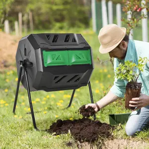 Tumbling Compost Bin Outdoor 360° Dual Chamber Rotating Composter 42.3 Gallon Green with 16 Ventilation Holes & Robust Steel Structure for Efficient Composting
