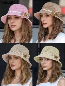 1pc Women's Fashionable Floral Decor Elegant Knitted Wide Brim Straw Hat, Suitable For Spring/Summer Outdoor, Beach, Travel, Vacation, Sun Protection, Breathable, Hollow-Out, Versatile, Petite Look