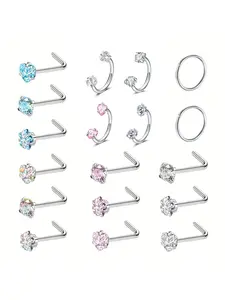 18-Piece Stainless Steel Nose Ring Set, 20g Zircon Heart Studs, 18g U-Shaped Septum Rings, Elegant Unisex Body Jewelry Accessories