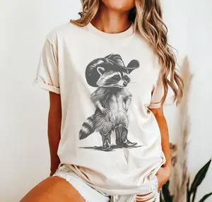 Western Raccoon Shirt, Vintage Cowboy Racoon Graphic Tee, Funny Raccoon Meme T-Shirt Cotton Top Light Soft