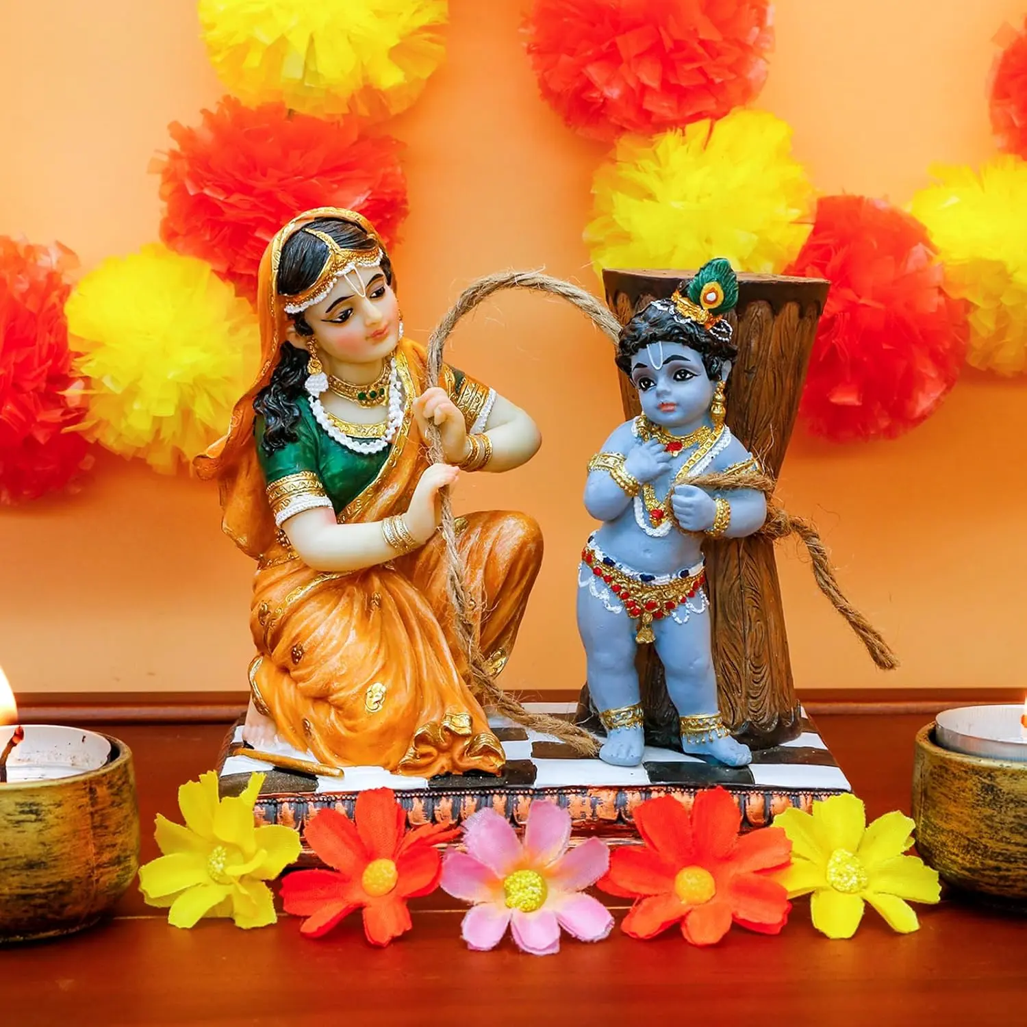 5.1in Religious Lord Krishna Murti - Maa Yashoda Binding Resin Polystone Ornaments, Hand-Painted Hindu God Sculpture, Living Room Room Decor, Balcony Study Puja Temple Decoration, Diwali Gift