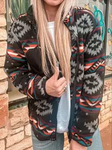 Women's Ethnic Pattern Zip Up Funnel Neck Jacket, Casual Long Sleeve Pocket Outerwear for Winter, Ladies Clothes for Daily Wear
