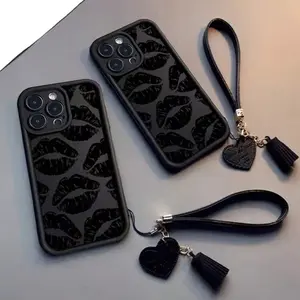 Thick Protective Lip Print Phone Case with Detachable Leather Heart Wrist Strap, Compatible with iPhone XR to 17 Promax, Trendy Gift for All Occasions