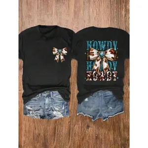 Women's Western Turquoise Bow Printed Round Neck Short Sleeve T-Shirt, Gifts For Mom, Western Cowgirl T-Shirt