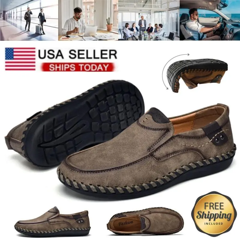 Handmade Men Leather Dress Shoes Loafers Slip on Non-slip Working Driving Shoes