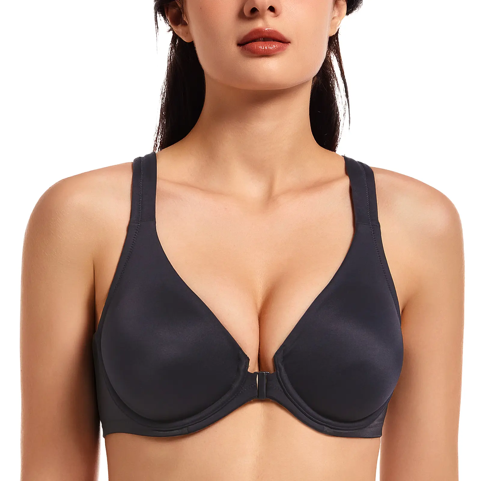 MELENECA Women's Plus Size Soft Minimalist Seamless Underwire Plunge Everyday Bra - Front Close Bras, Racerback, Full Coverage, Non-Padded Cups for Natural Shaping, Racerback Prevents Straps from Slipping, Underwire Cups for Better Support, Hand Wash Only