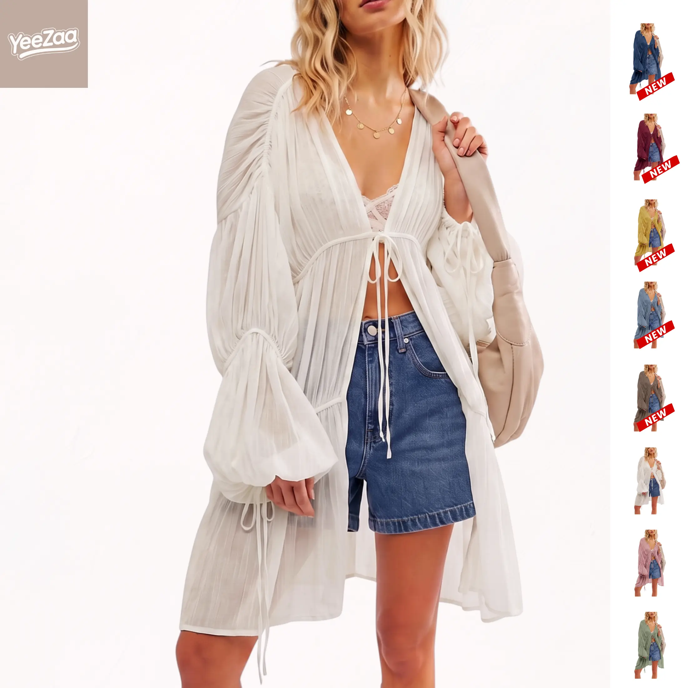 [Black Friday] YeeZaa Flowy Boho Cardigan For Women OneSize Long Lightweight  Tie-Front Duster Cover Up Dreamy Ethereal Bohemian Beach Vacation Summer Shrug Outerwear