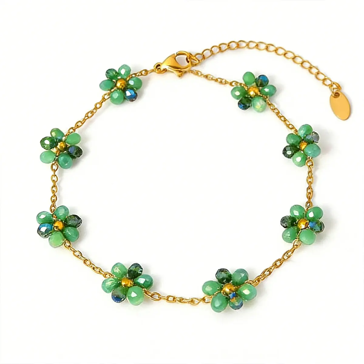 Dainty Emerald Green Flower Bracelet & Anklet for Women, 18K Gold-Plated Titanium Steel Adjustable Chain, Green Energy Lucky Charm, Growth & Abundance Jewelry Gift