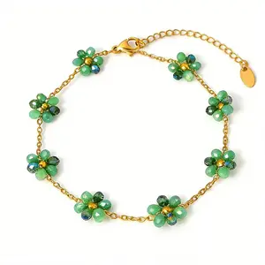 Dainty Emerald Green Flower Bracelet & Anklet for Women, 18K Gold-Plated Titanium Steel Adjustable Chain, Green Energy Lucky Charm, Growth & Abundance Jewelry Gift