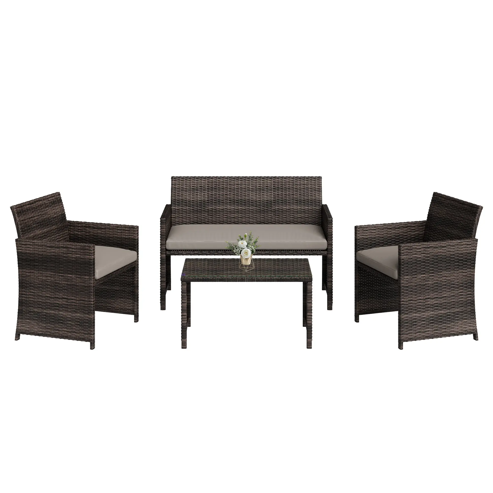 4-Piece Patio Bar Set – All-Weather PE Rattan Outdoor Furniture – Cushions & Tempered Glass Table – Wicker Conversation Set for Backyard, Porch, or Garden – Brown Gradient Rattan with Stylish Cushion